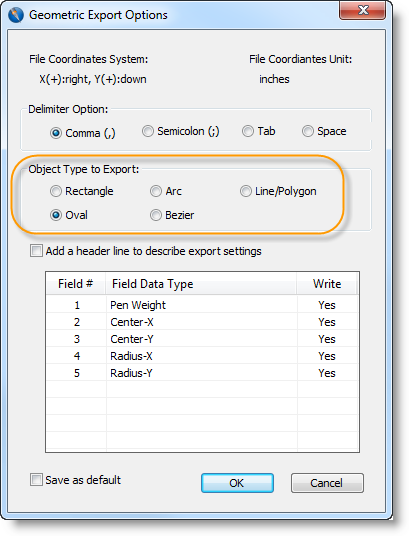 Geometric Export Options dialog box